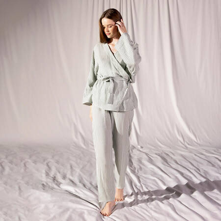 Penelope by Serli Keçoğlu Keten Çizgili Kimono Alt-Üst Takım Yeşil Çizgili L-XL - 1
