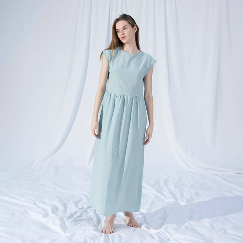 %100 Keten Elbise Mint L-XL - Serli Keçoğlu Koleksiyonu - 