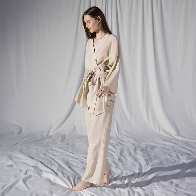 Penelope by Serli Keçoğlu Keten Uzun Kollu Kimono Ekru S-M