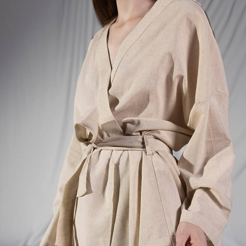 Penelope by Serli Keçoğlu Keten Uzun Kollu Kimono Ekru S-M
