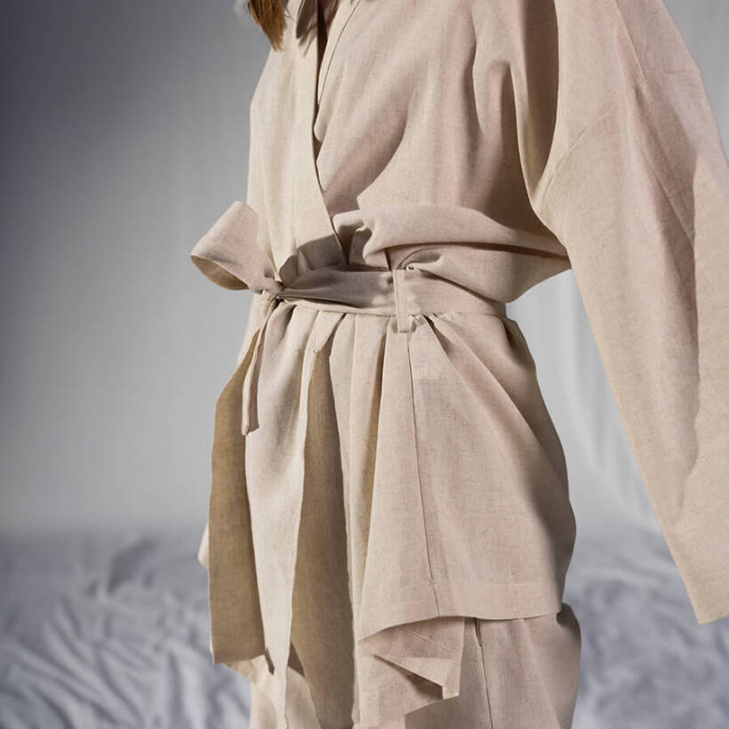 Penelope by Serli Keçoğlu Keten Uzun Kollu Kimono Ekru S-M