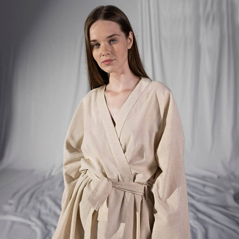 Penelope by Serli Keçoğlu Keten Uzun Kollu Kimono Ekru S-M
