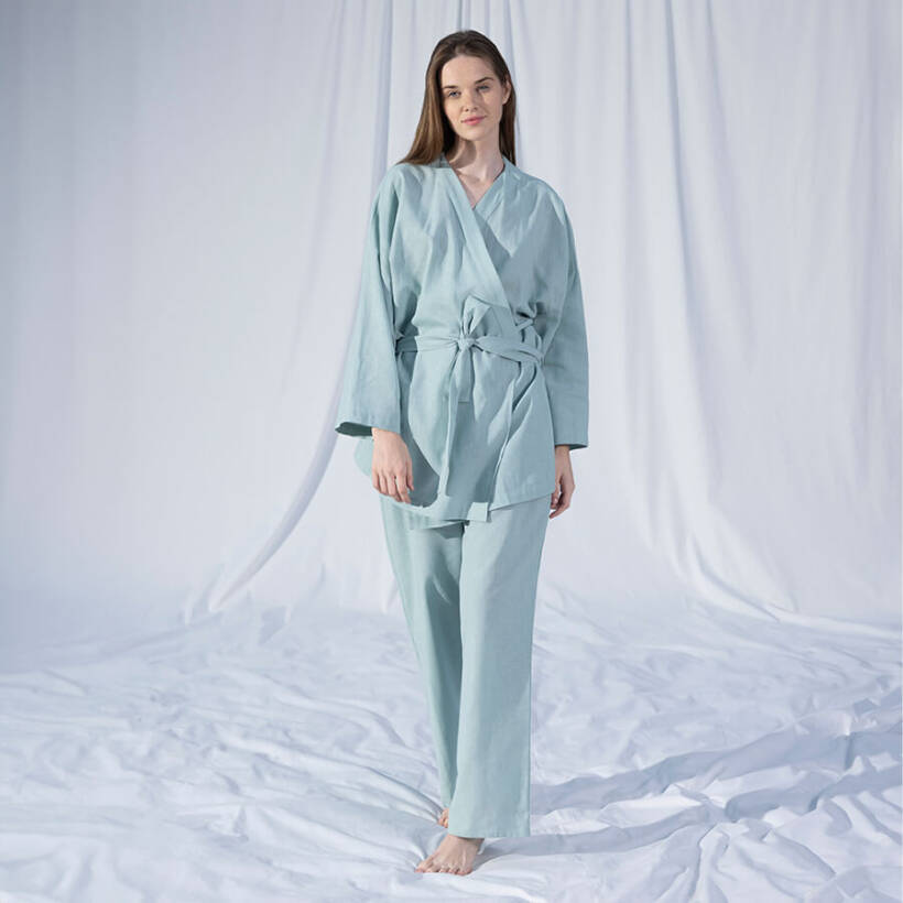 %100 Keten Uzun Kollu Kimono Mint L-XL - Serli Keçoğlu Koleksiyonu - 