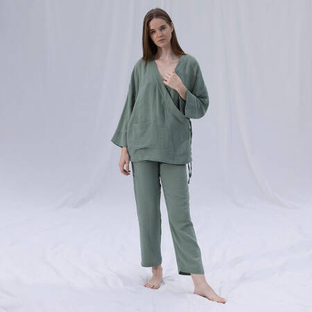 %100 Müslin Pamuk Kruvaze Kimono Kısa Çağla L-XL - Serli Keçoğlu Koleksiyonu - 1