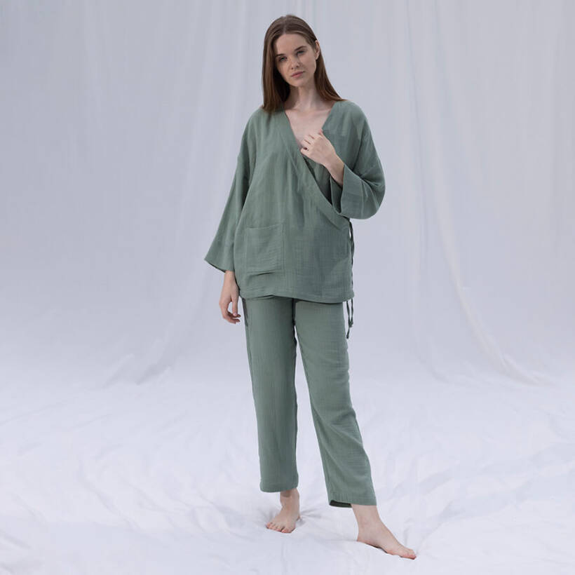 %100 Müslin Pamuk Kruvaze Kimono Kısa Çağla L-XL - Serli Keçoğlu Koleksiyonu - 
