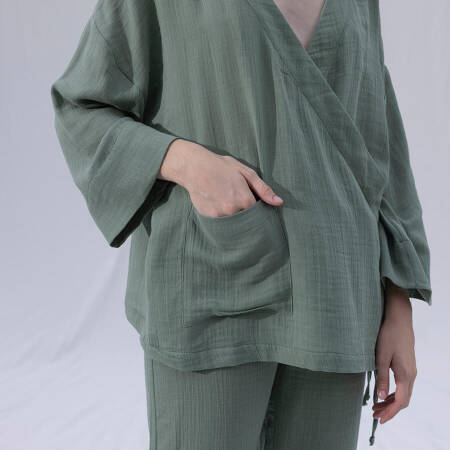 %100 Müslin Pamuk Kruvaze Kimono Kısa Çağla L-XL - Serli Keçoğlu Koleksiyonu - 4