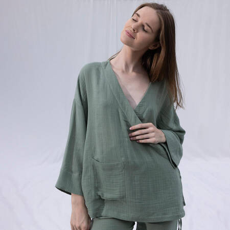 %100 Müslin Pamuk Kruvaze Kimono Kısa Çağla L-XL - Serli Keçoğlu Koleksiyonu - 7